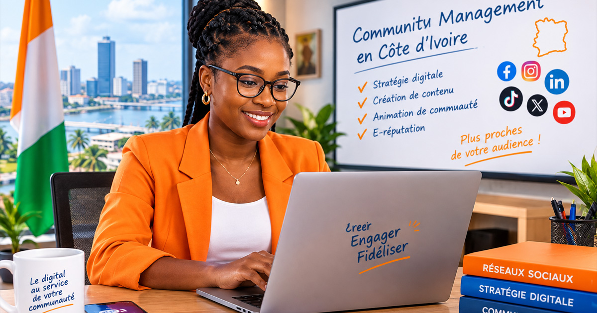Community manager africaine noire animant les réseaux sociaux d'une marque à Abidjan