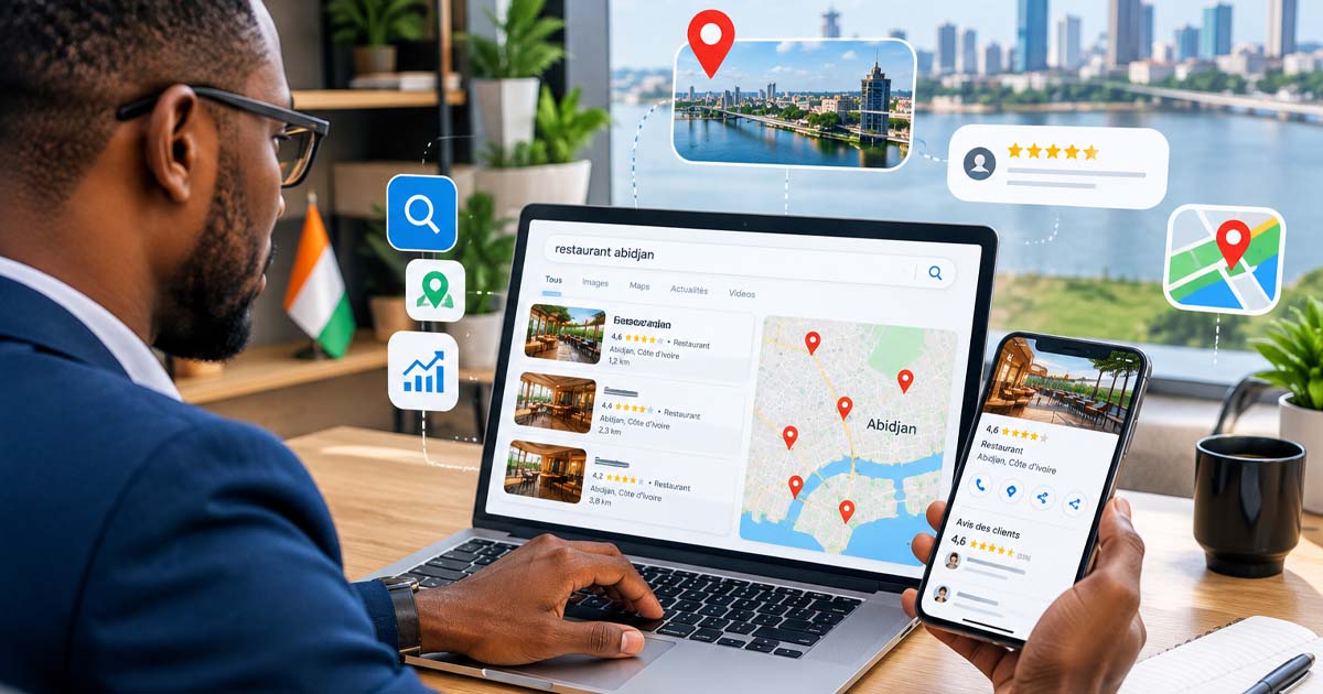 Spécialistes du SEO africains noirs analysant un référencement local Google à Abidjan